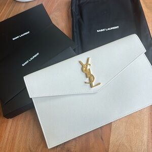 SOLD YSL Uptown Leather Crema Soft Envelope Clutch New